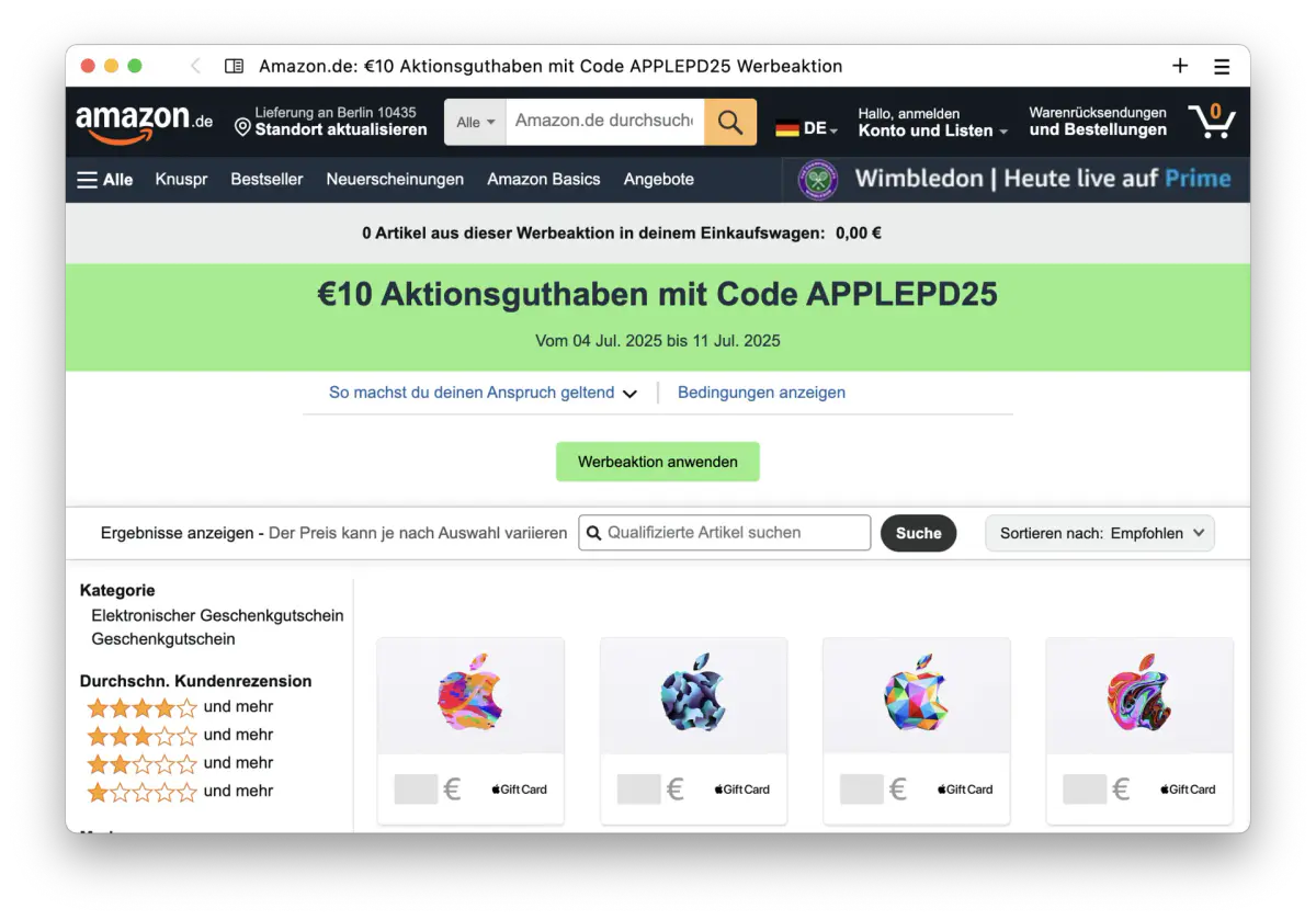 10 Euro Bonus auf Apple‑Guthaben und günstige AirPods 4 – Amazon lockt Prime‑Kunden